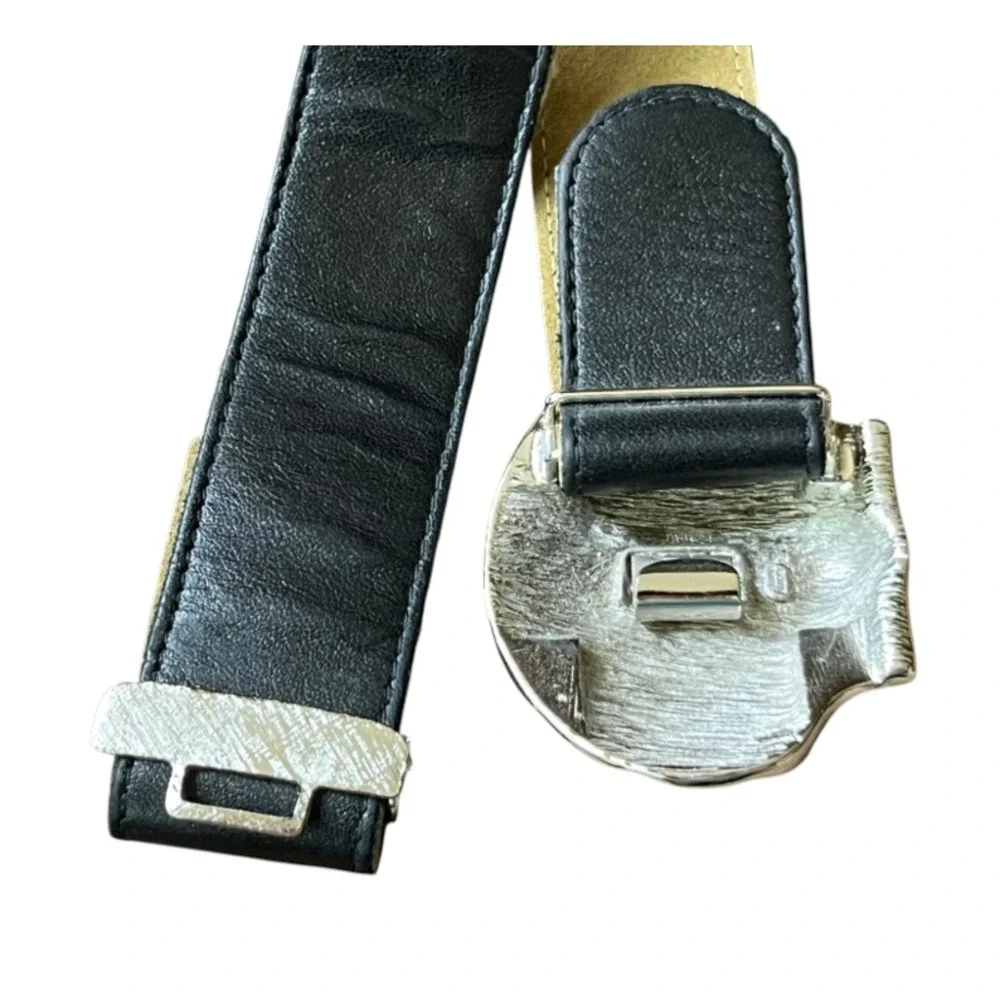 VTG DOTTY SMITH Silver Tone Shell Buckle BLACK LEATHER RENEE RODGERS Belt S/M